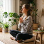 Jeune femme en train de méditer avec une tisane de CBD Bio de chez Solnvie à côté d'elle