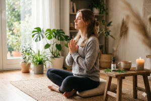 Jeune femme en train de méditer avec une tisane de CBD Bio de chez Solnvie à côté d'elle
