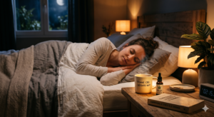 Femme en train de dormir paisiblement avec une tisane de CBD sur la table de chevet
